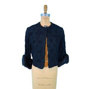 Vintage 50s Black Jacket Womens Small Ribbon Top Black Brown Fur Evening Top
